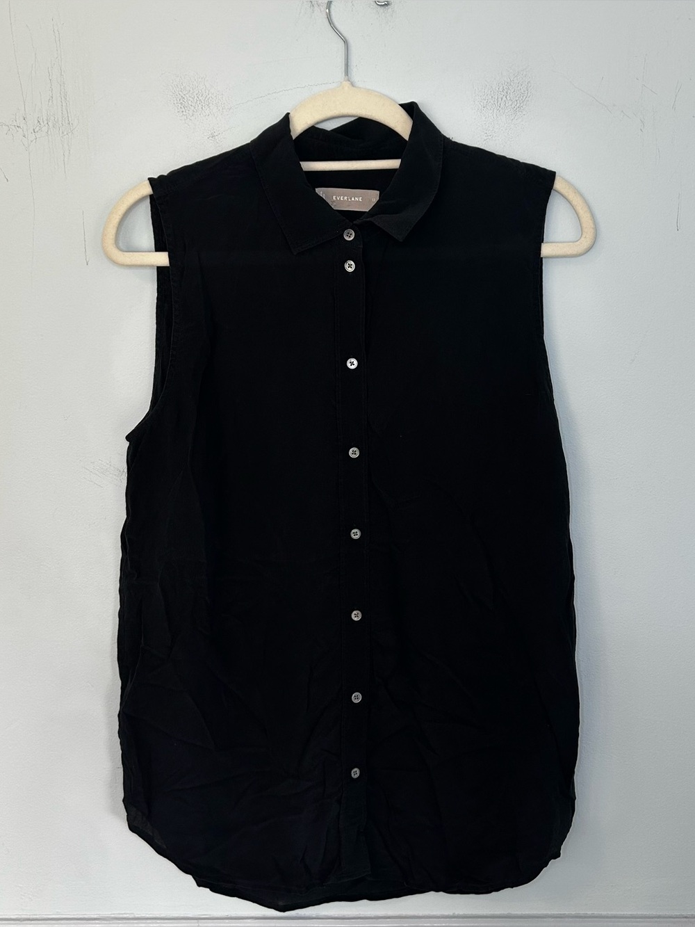 Everlane 100% Silk Black Button Down Collared Sleeveless Blouse Size 12